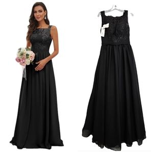 Nwt HEBEOS Black Floral Lace Bodice Chiffon Gathered Skirt Floor Length Gown